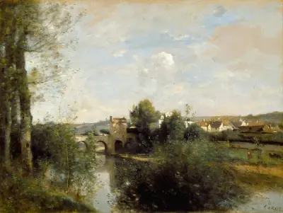 Seine and Old Bridge at Limay av Jean-Baptiste-Camille Corot