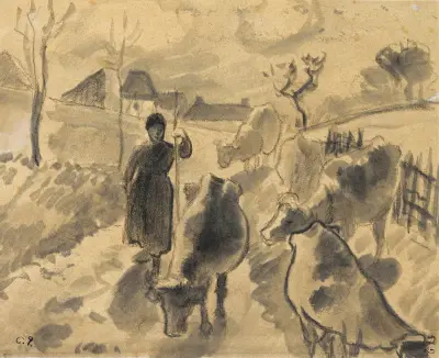 Girl leading a herd of cows along a road av Camille Pissarro