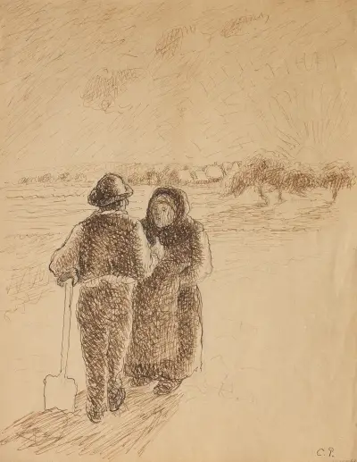 Gossip at Sunset av Camille Pissarro