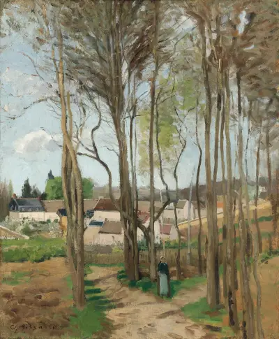 Le village à travers les arbres av Camille Pissarro
