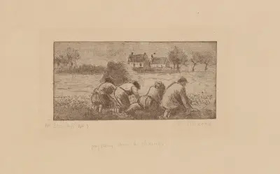 Paysans dans les champs av Camille Pissarro