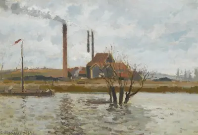 Usine À Saint-Ouen-L’aumône, La Crue De L’oise av Camille Pissarro