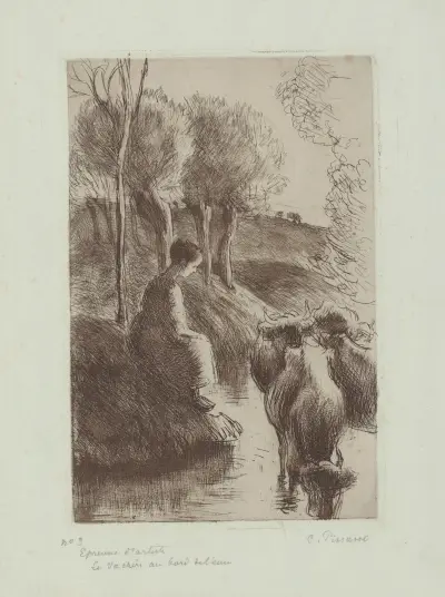 Vachère au bord de l’eau av Camille Pissarro