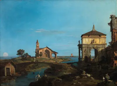An Island in the Lagoon with a Gateway and a Church av Canaletto