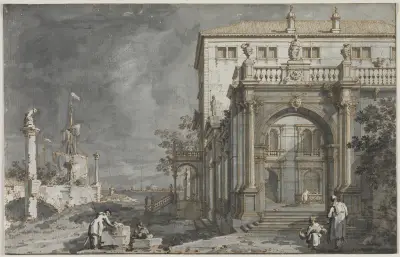 Capriccio; A Palace with a Courtyard by the Lagoon av Canaletto