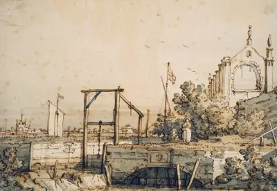Capriccio with a Lock Gate by a River av Canaletto