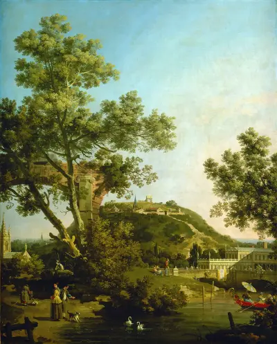 English Landscape Capriccio with a Palace av Canaletto