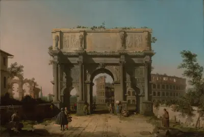 View of the Arch of Constantine with the Colosseum av Canaletto