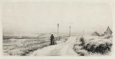Landsbygdsväg med promenerande dam, solskenseftermiddag av Carl Bloch
