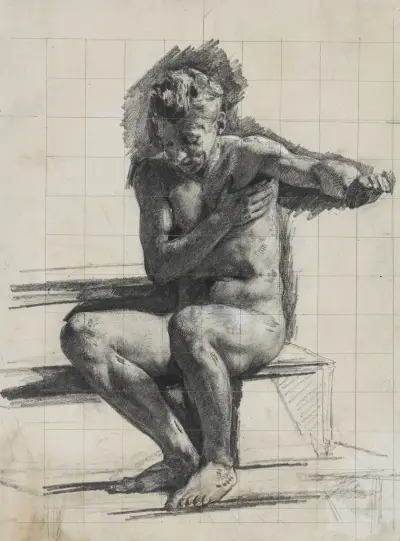 Männliche Modellfigur: Studie zur Radierung Badender Mann von Carl Bloch