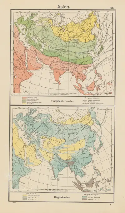 Asien; Temperaturkarte. — Regenkarte av Carl Diercke