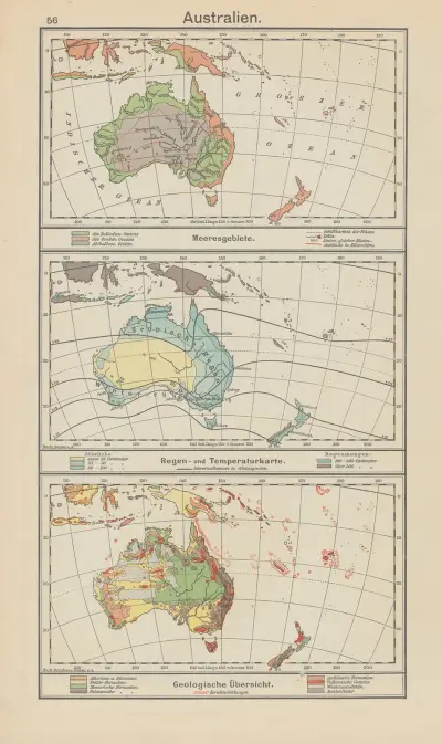 Australien; Havsområden – Regn- och temperaturkarta – Geologisk översikt av Carl Diercke