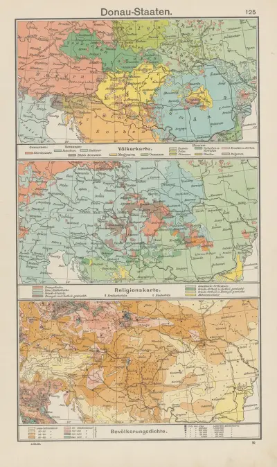 Donau-staterna; folkkarta. – Religionskarta. – Befolkningstäthet av Carl Diercke