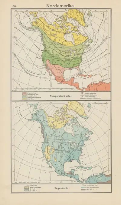 Nordamerika; temperaturkarta – regnkarta av Carl Diercke
