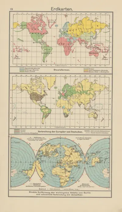 Staatsformen. — Verbreitung der Europäer und Deutschen. — Direkte Entfernung der wichtigsten av Carl Diercke