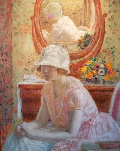 Young Girl Before a Mirror in a Pink Dress av Frederick Carl Frieseke
