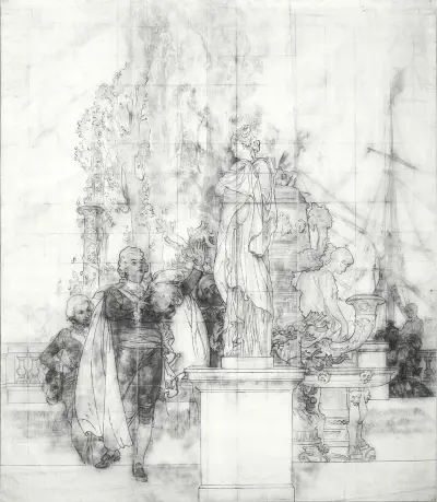 Gustav III som konstens beskyddare och museets grundare mottar antika konstverk av Carl Larsson
