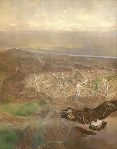 Blick auf Wien aus der Ballonhöhe von 3000m über der Schönbrunner Gloriette av Carl Moll