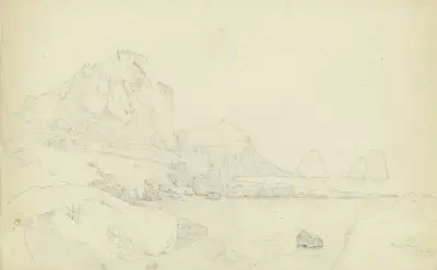Der Monte Castiglione mit der Festung auf der Spitze, im Hintergrund auf dem Monte Tibero die Villa Jovis, rechts die Faraglioni vor Capri av Carl Morgenstern