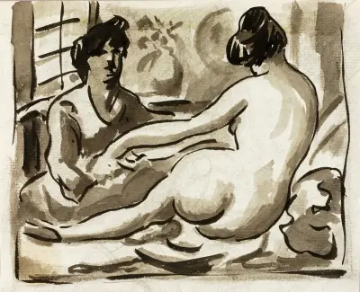 Reclining Female Nude with Attendant av Carl Newman