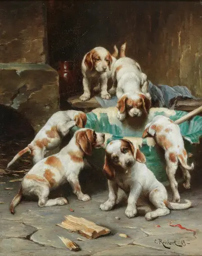 Beaglevalpar som äter av Carl Reichert