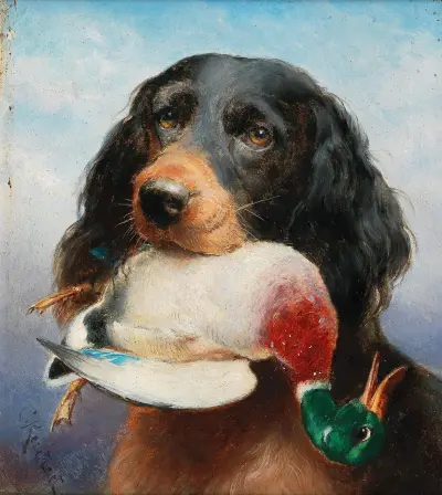Gordon Setter with Mallard Duck av Carl Reichert