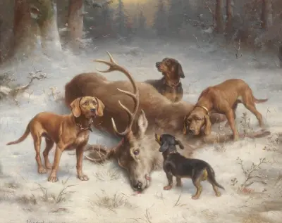 Schweißhunde mit erlegtem Hirsch av Carl Reichert