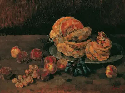 Stillleben mit Kürbis, Pfirsich und Weintrauben av Carl Schuch