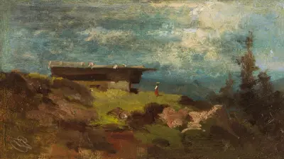 Bondkvinna framför en alphytta av Carl Spitzweg