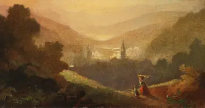 Bergslandskap med sennerinna och barn av Carl Spitzweg
