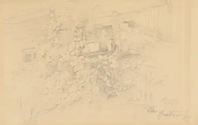 Hörn av ett bondehus med klängande vinlöv och blomkrukor av Carl Spitzweg