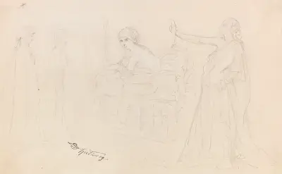 Figurenstudien; Eremit, Junge Frau am Fenster, Allegorie av Carl Spitzweg