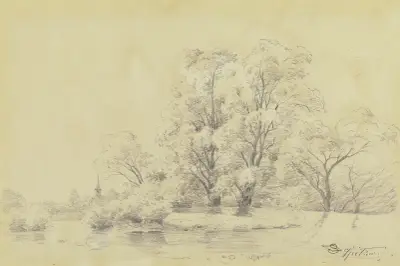 Landskap med träd vid vattnet, i fjärran en bykyrkas torn av Carl Spitzweg