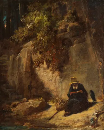 Lesender Einsiedler mit Raben in einer Schlucht av Carl Spitzweg