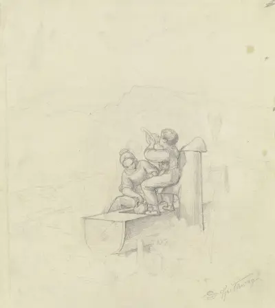 Flicka och pojke vid brunnen av Carl Spitzweg
