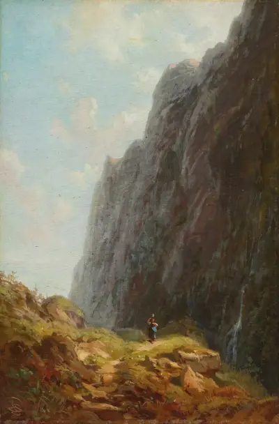 Berg och mjölkpiga längs en slingrande stengång av Carl Spitzweg