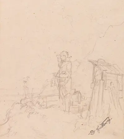 Strickende Wacht (Der Kanonier) von Carl Spitzweg