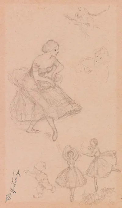 Studienblatt mit Ballett-Tänzerinnen und Zwergen av Carl Spitzweg