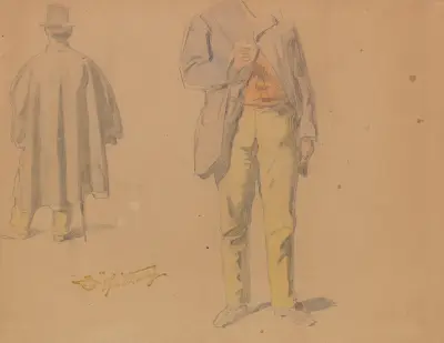 Studieblad med stående man framifrån och bakifrån (Kappstudie) av Carl Spitzweg