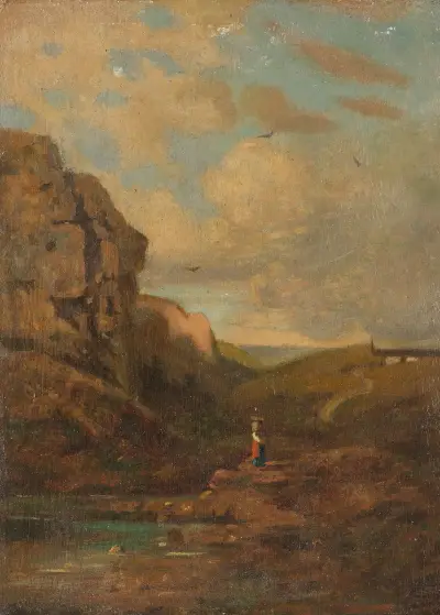 Tillskriven – Litet landskap med sennerin av Carl Spitzweg