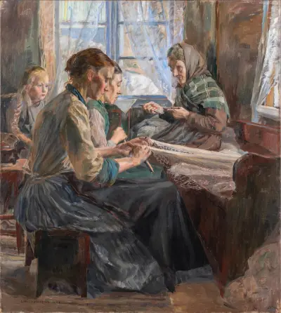 Fiskekvinnor knyter nät, Bohuslän av Carl Wilhelmson