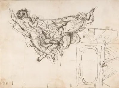 Study for Nude Male Figures Supporting a Frame and Plan of the Ceiling Decoration of Palazzo Altieri, Rome av Carlo Maratti