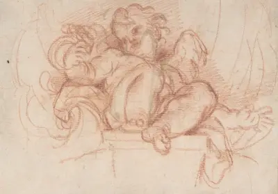 Studie av en putto sittande på en kragsten i en snäcknisch av Carlo Maratti