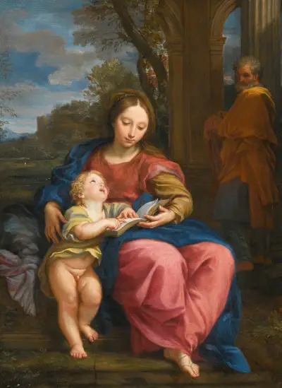 Den heliga familjen, madonnan och barnet läsande av Carlo Maratti