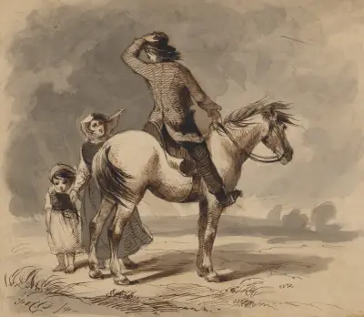 Boy on pony and two girls av Felix Octavius Carr Darley