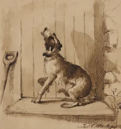 Dog barking in front of closed door av Felix Octavius Carr Darley