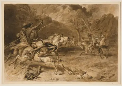 Teckning till Mötet (indianstrid till häst) av Felix Octavius Carr Darley