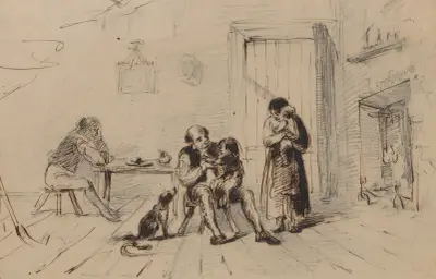 Five family members and dog in cabin av Felix Octavius Carr Darley