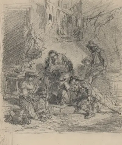 Fyra sittande gatufigurer av Felix Octavius Carr Darley
