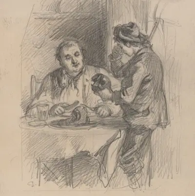 Man at dinner table and weeping boy av Felix Octavius Carr Darley
